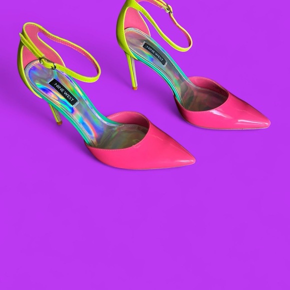 Nine West Patent Pointed-Toe Pumps in Hot Pink and Neon Yellow - Picture 3 of 7